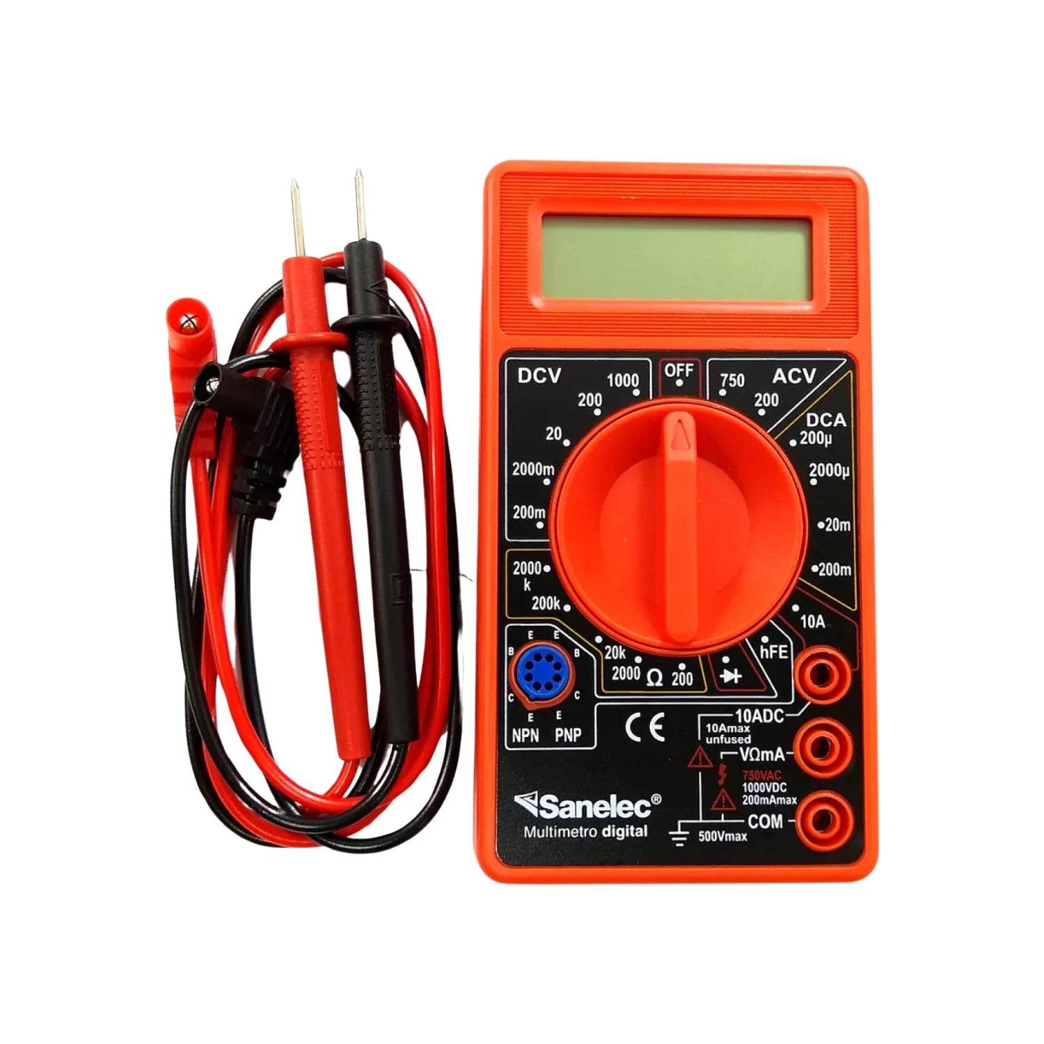 Tester multímetro digital Sanelec naranja de bolsillo con puntas de prueba para mediciones eléctricas precisas.