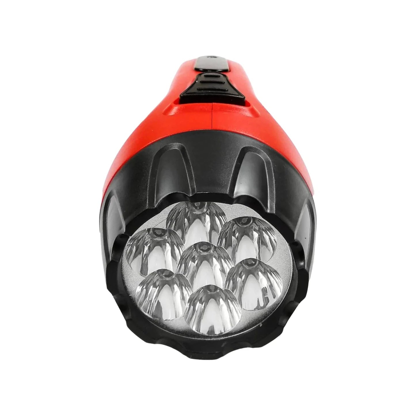 Linterna recargable de 7 LEDs, carcasa robusta roja y negra, ideal para trabajo o emergencias