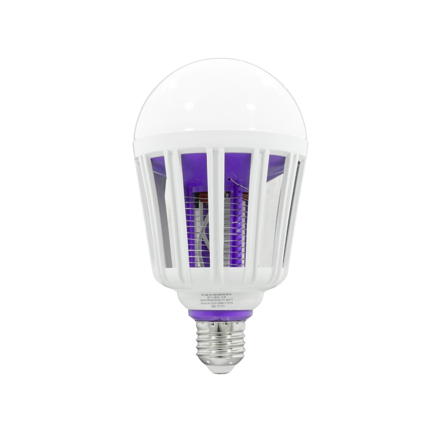 Foco LED blanco 15W mata insectos con luz UV púrpura, rejilla de protección y base roscada