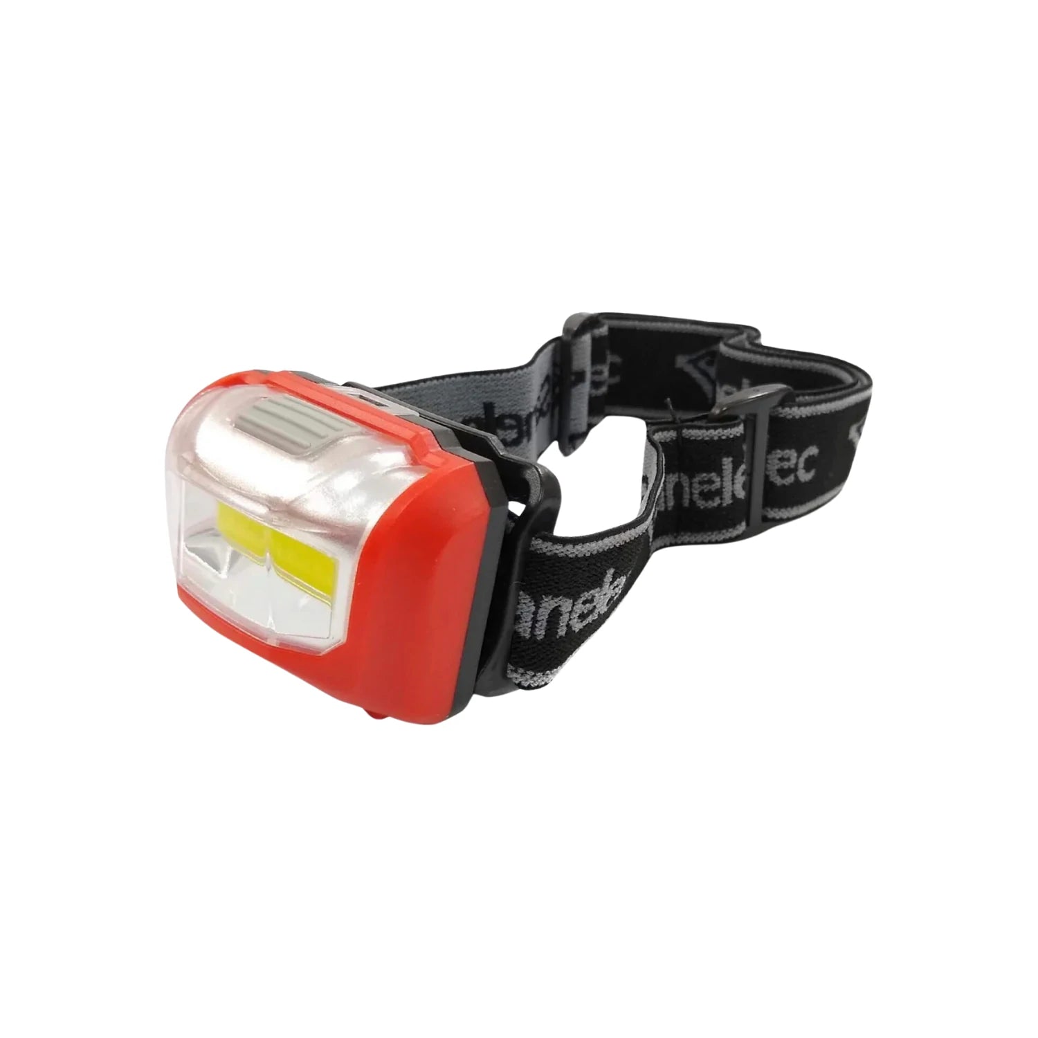 Linterna frontal LED COB roja con banda elástica negra ajustable (Nelec). Ideal para trabajos, senderismo o camping.