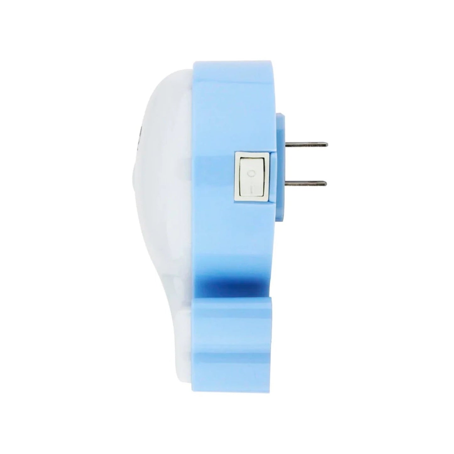 Lámpara de noche LED azul y blanca con forma de ballena, interruptor y enchufe de pared.