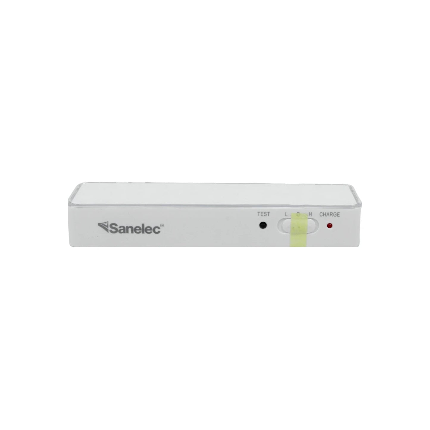Lámpara recargable LED Sanelec blanca, con selector de intensidad (L/C/H), botón de prueba y LED de carga.