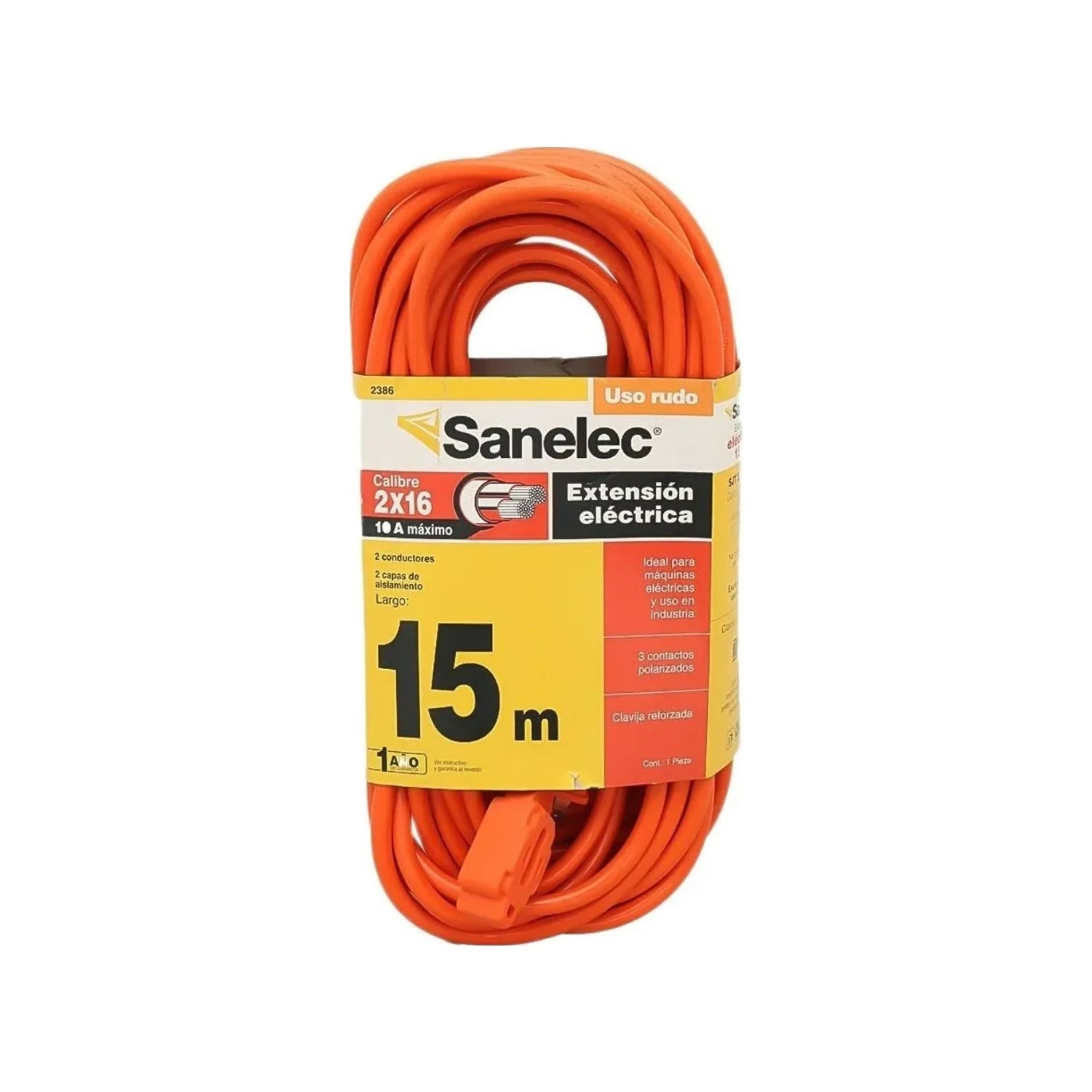 Extensión eléctrica Sanelec uso rudo naranja 15m, calibre 2x16, 10A, 3 contactos polarizados, clavija reforzada