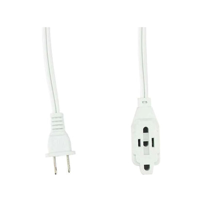 Extensión eléctrica blanca con enchufe de 2 clavijas y 3 tomas de corriente, ideal para el hogar u oficina.
