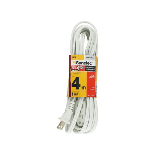 Extensión eléctrica Sanelec blanca 4m, calibre 2x16, 13A, 2 conductores, 3 contactos polarizados uso doméstico.