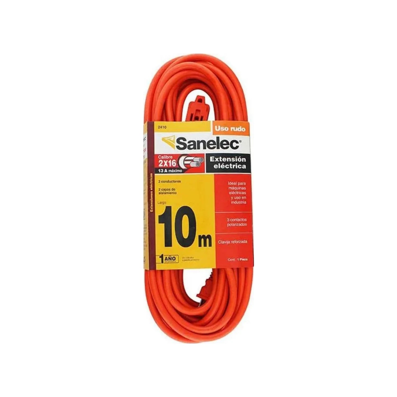 Extensión eléctrica Sanelec uso rudo 10 metros naranja 2x16, 13A, ideal para maquinaria industrial
