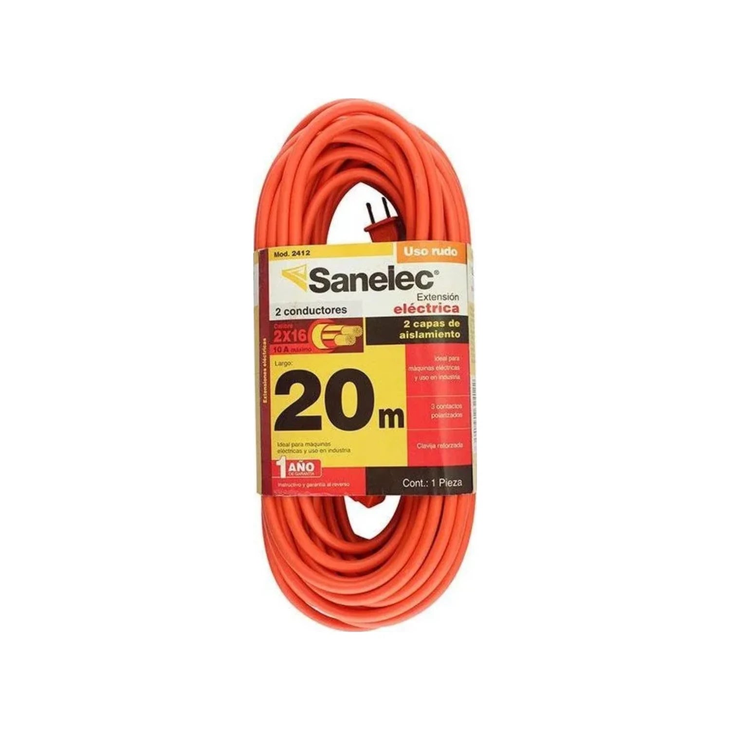 Extensión eléctrica Sanelec uso rudo naranja 20 metros, calibre 2x16, 10A, con 3 contactos polarizados
