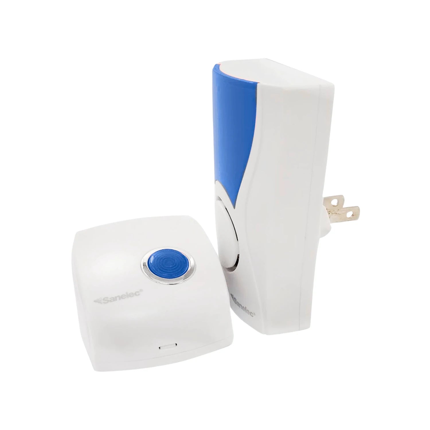 Timbre inalámbrico Sanelec con receptor de clavija blanco y azul, y botón pulsador azul para hogar