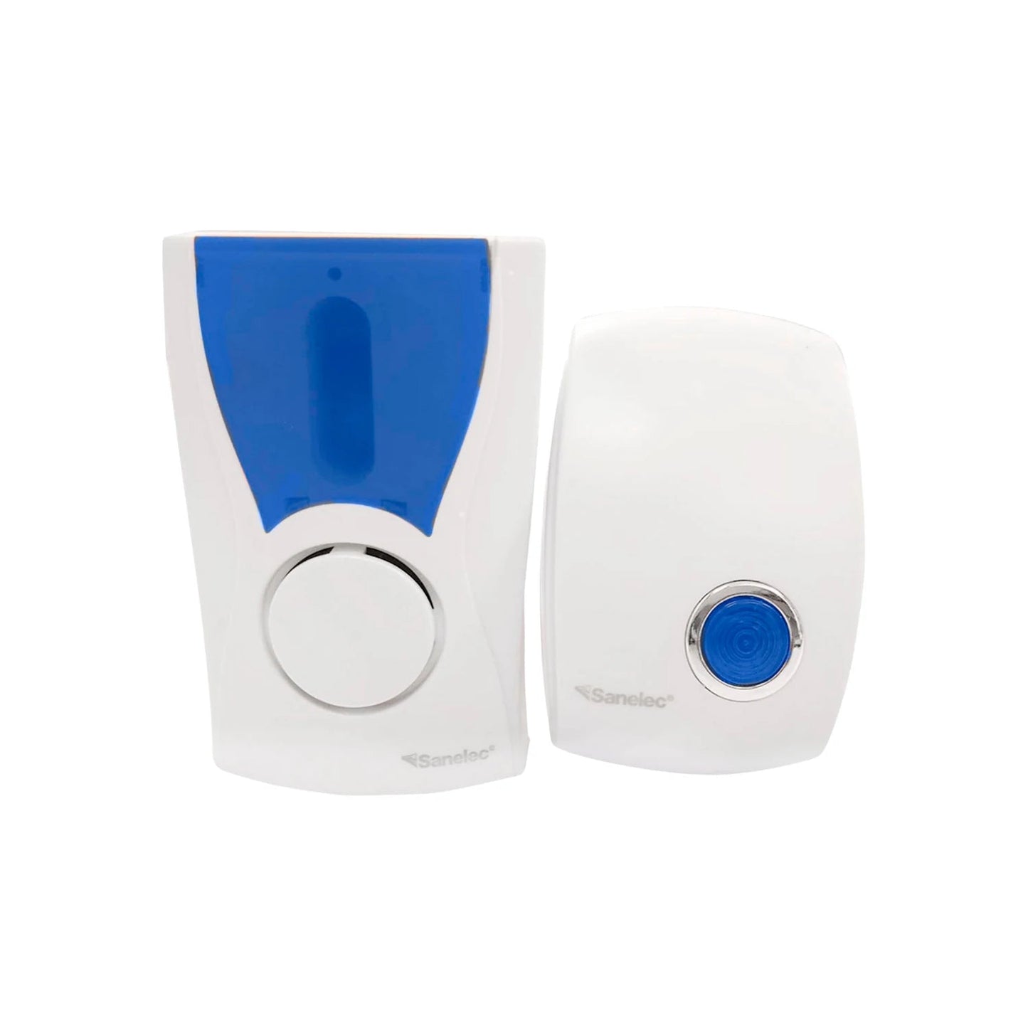 Kit timbre inalámbrico Sanelec con receptor de clavija y pulsador azul, 32 melodías, fácil instalación para hogar