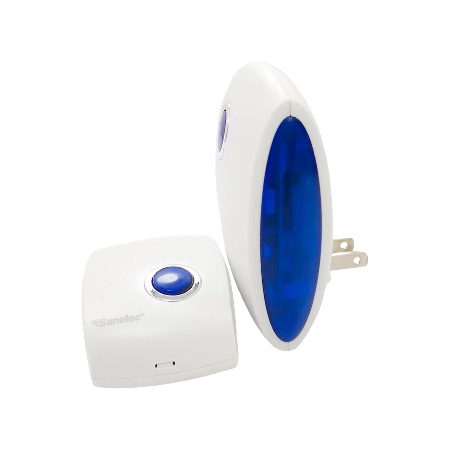 Timbre inalámbrico Sanelec con receptor de clavija y botón pulsador azul