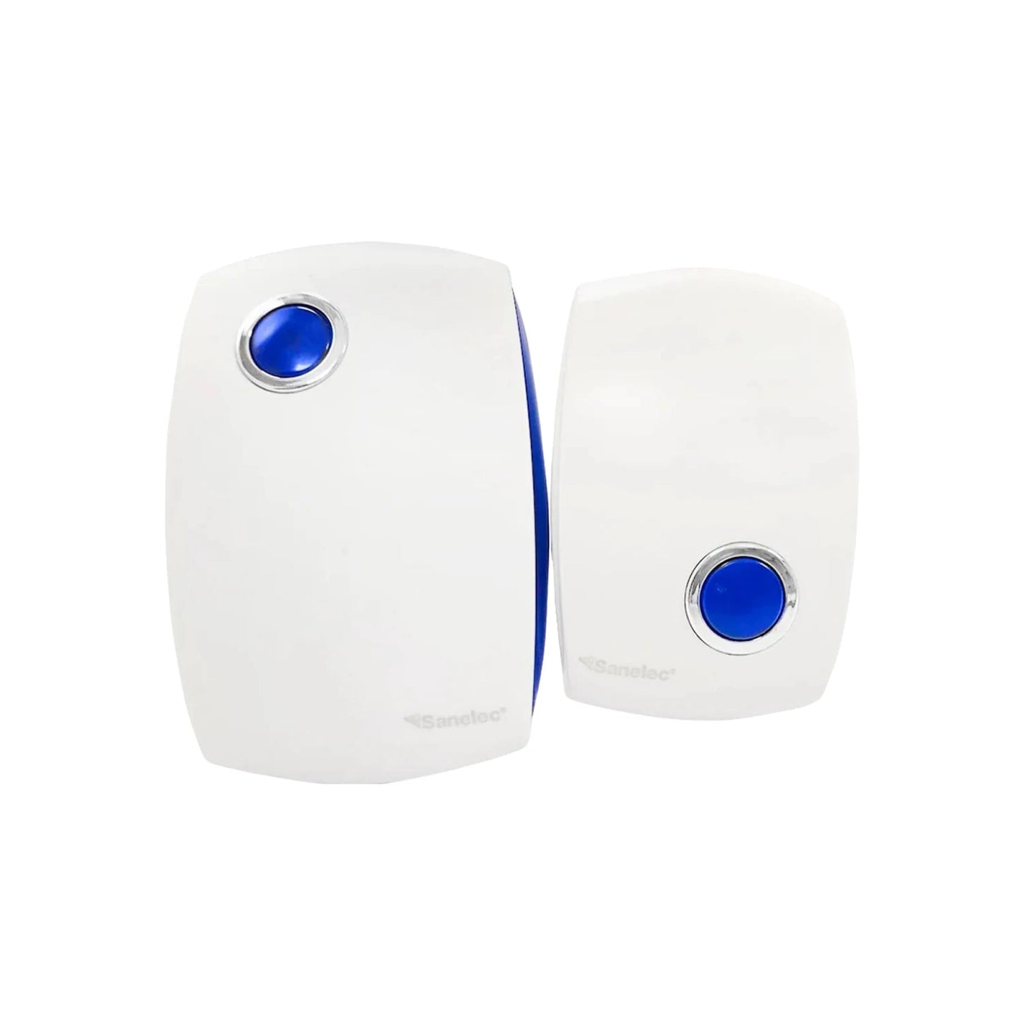Timbre inalámbrico Sanelec blanco con botones azules, incluye receptor con clavija y botón pulsador.