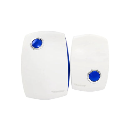 Timbre inalámbrico Sanelec blanco con botones azules, incluye receptor con clavija y botón pulsador.