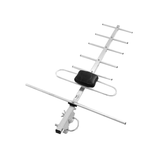 Antena aérea de TV digital con 6 elementos, metálica para exterior, ideal para recepción de señal.