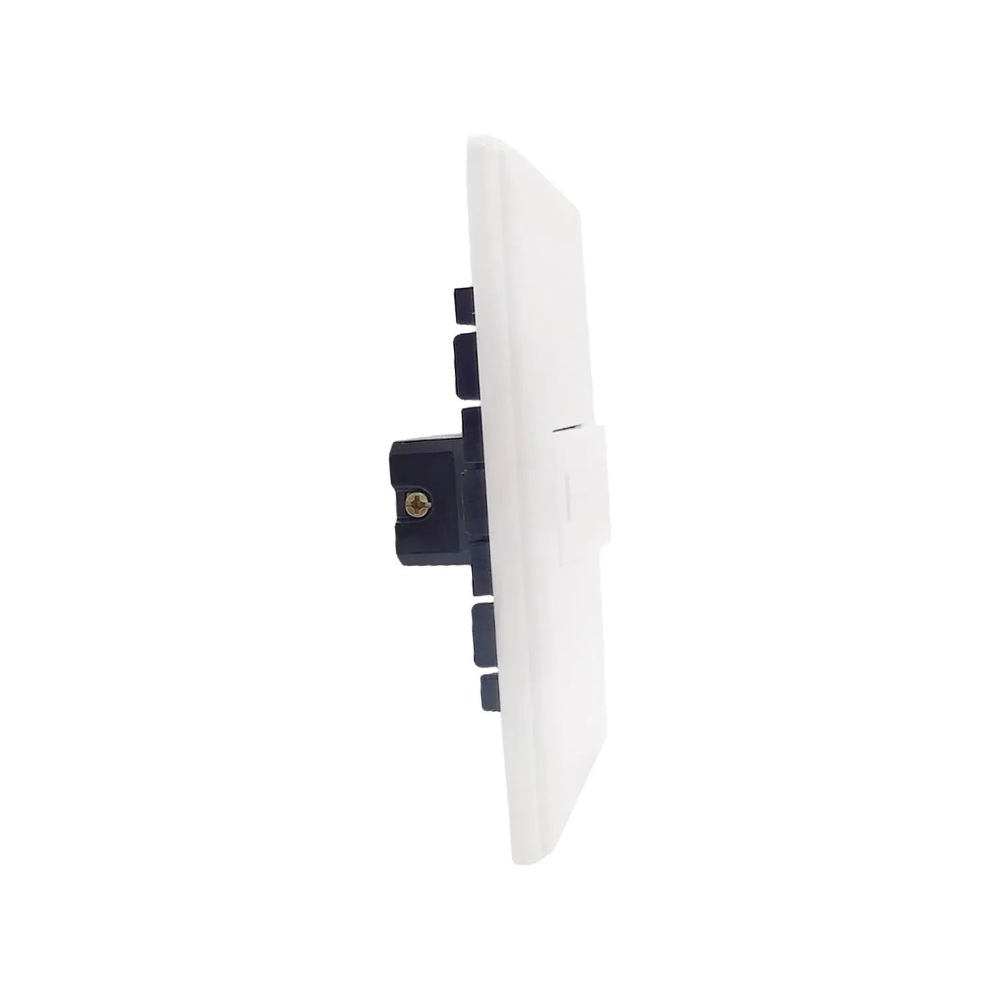 Apagador de pared blanco, vista lateral de placa eléctrica simple con un interruptor y conexiones traseras.