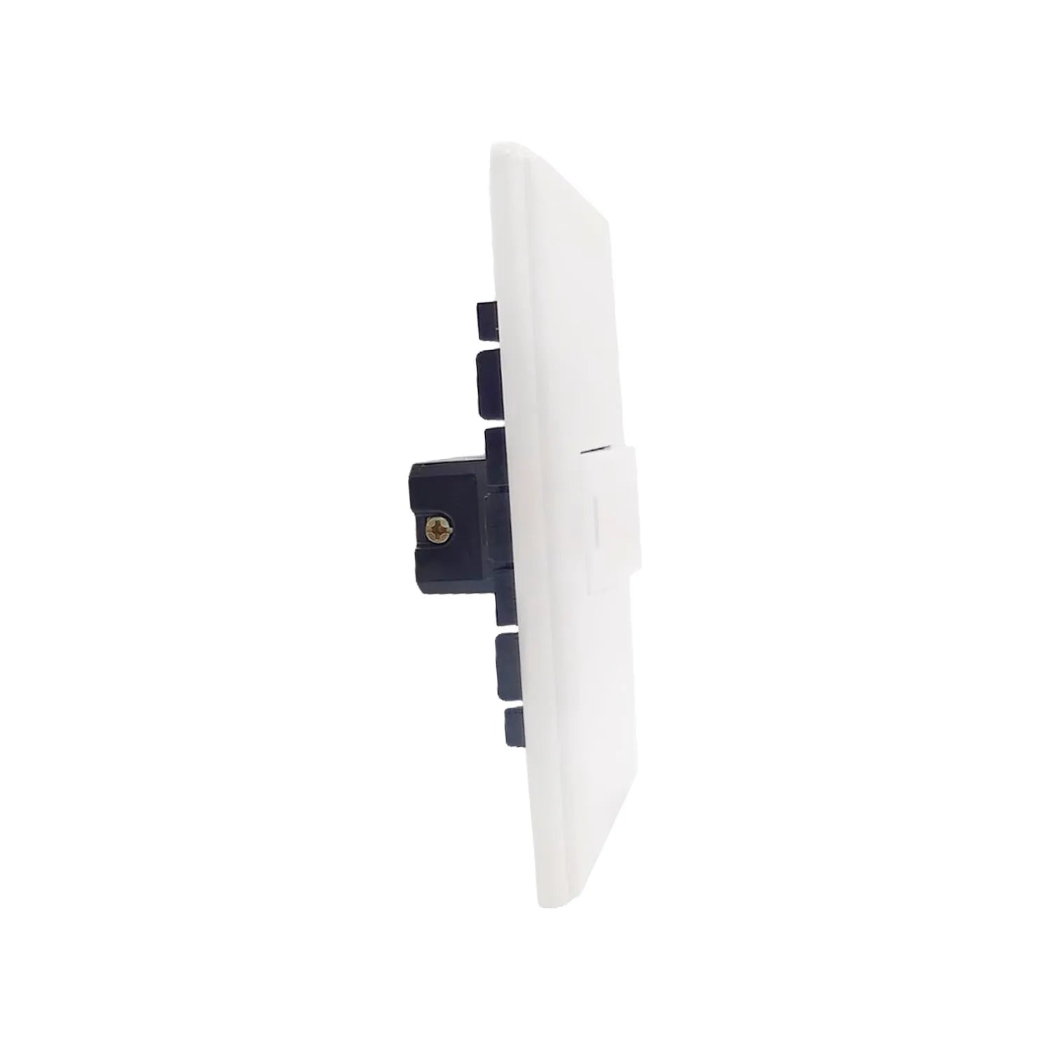 Apagador de pared blanco, vista lateral de placa eléctrica simple con un interruptor y conexiones traseras.