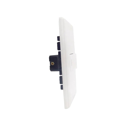 Apagador de pared blanco, vista lateral de placa eléctrica simple con un interruptor y conexiones traseras.