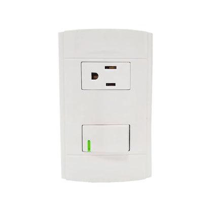 Placa de pared blanca con 1 contacto polarizado y 1 interruptor de luz con LED.