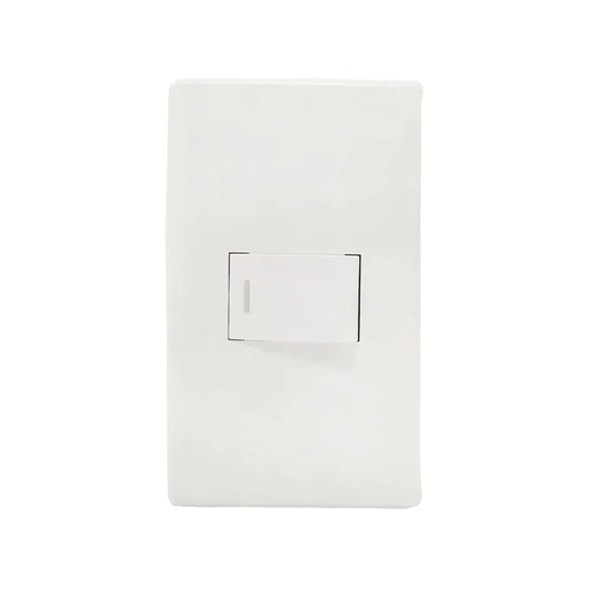 Placa blanca con un apagador de luz, interruptor de pared moderno para instalaciones eléctricas.