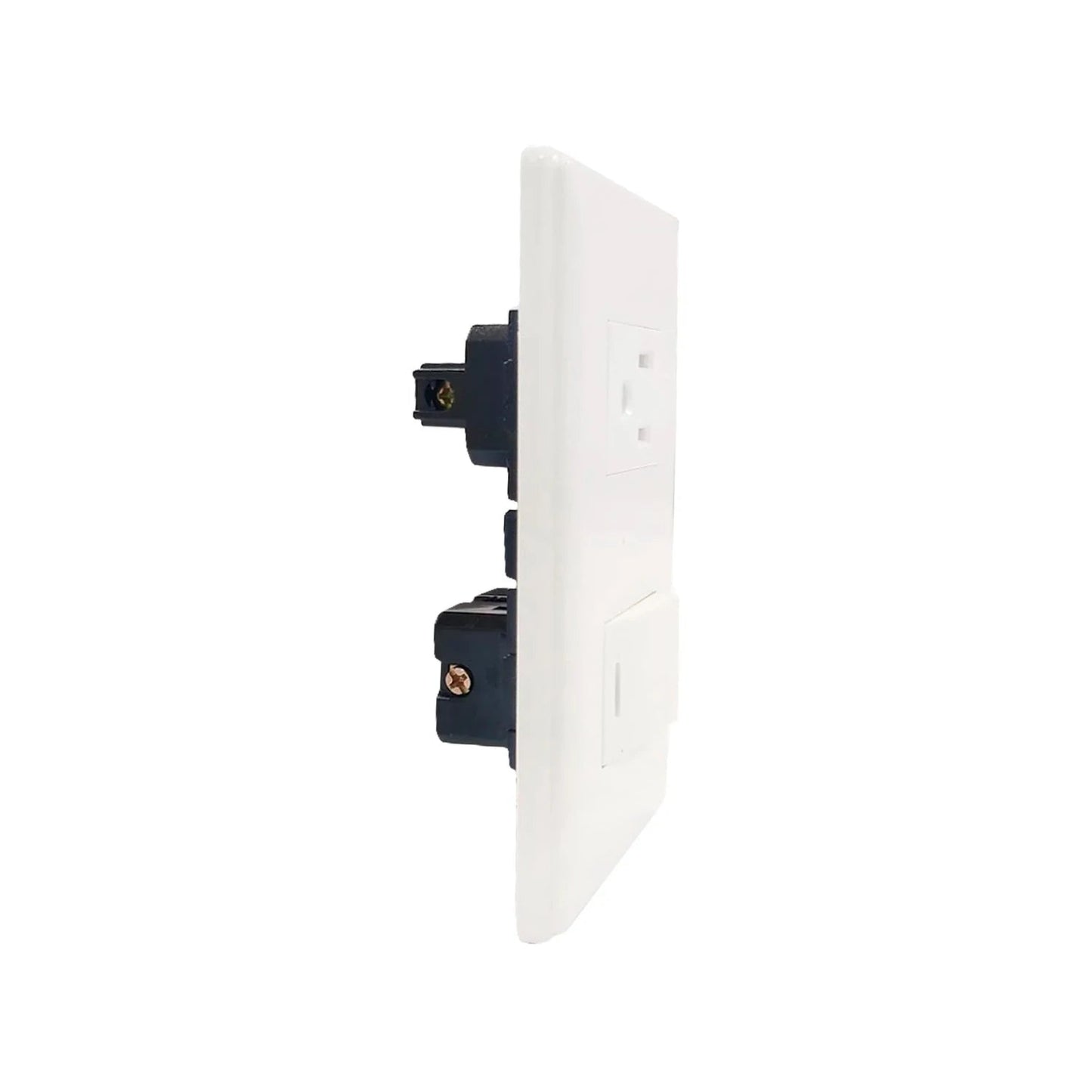 Placa eléctrica blanca con 1 apagador y 1 contacto polarizado. Vista lateral de conexiones.