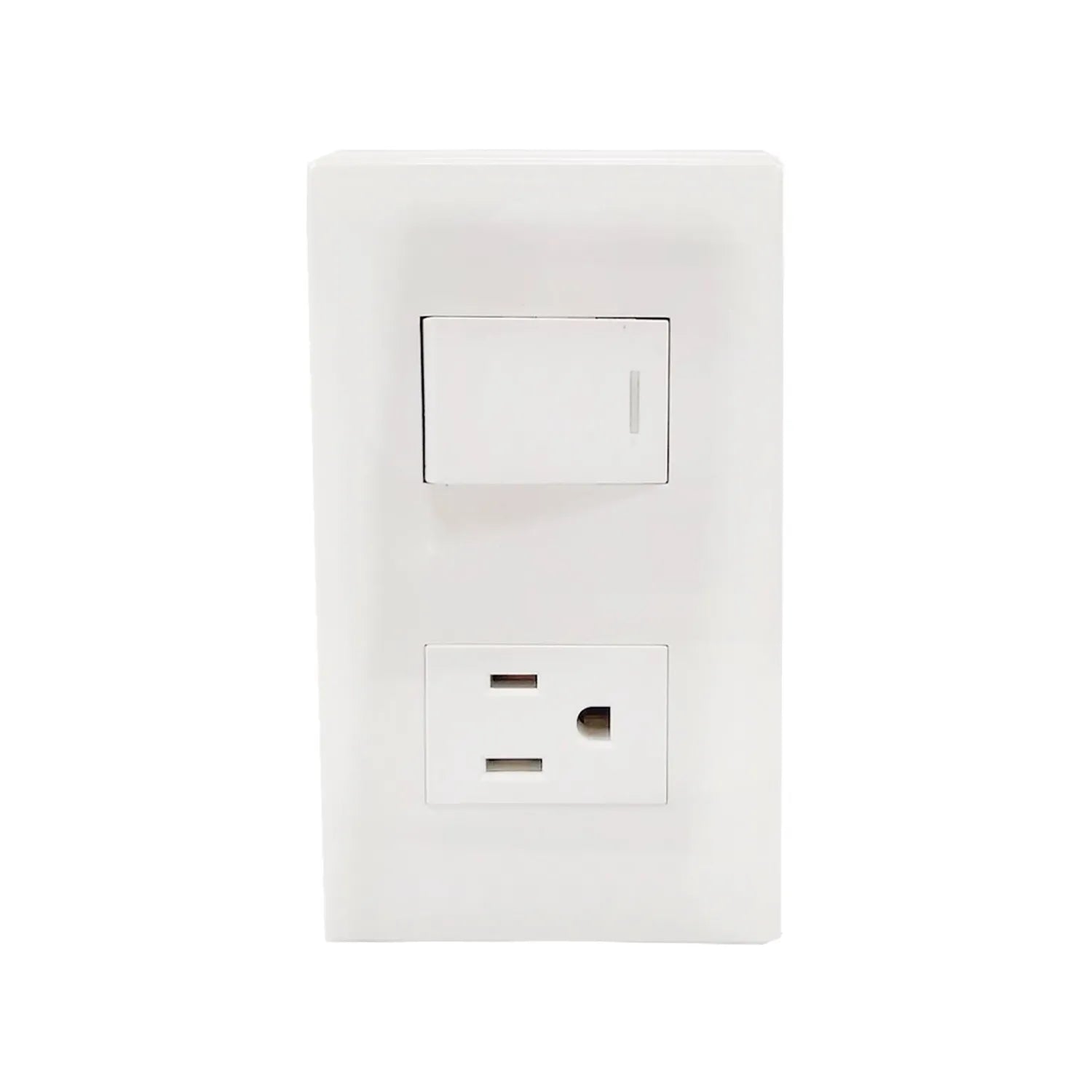 Placa eléctrica blanca con un interruptor de luz de palanca y un tomacorriente polarizado de 2 clavijas.