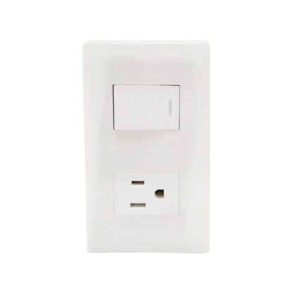 Placa eléctrica blanca con un interruptor de luz de palanca y un tomacorriente polarizado de 2 clavijas.