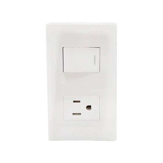Placa eléctrica blanca con un interruptor de luz de palanca y un tomacorriente polarizado de 2 clavijas.