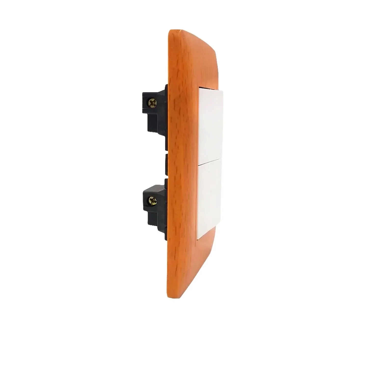 Placa de madera toscana con 2 apagadores de luz blancos, montaje eléctrico para pared.