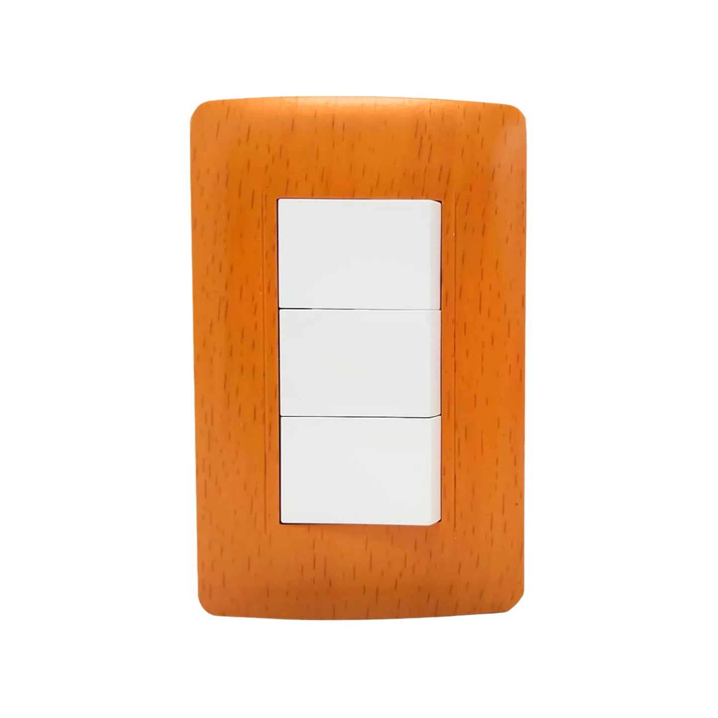 Placa eléctrica de 3 apagadores de luz blancos, acabado tipo madera toscana para pared.
