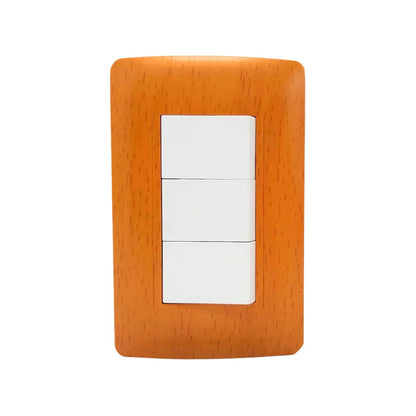 Placa eléctrica de 3 apagadores de luz blancos, acabado tipo madera toscana para pared.