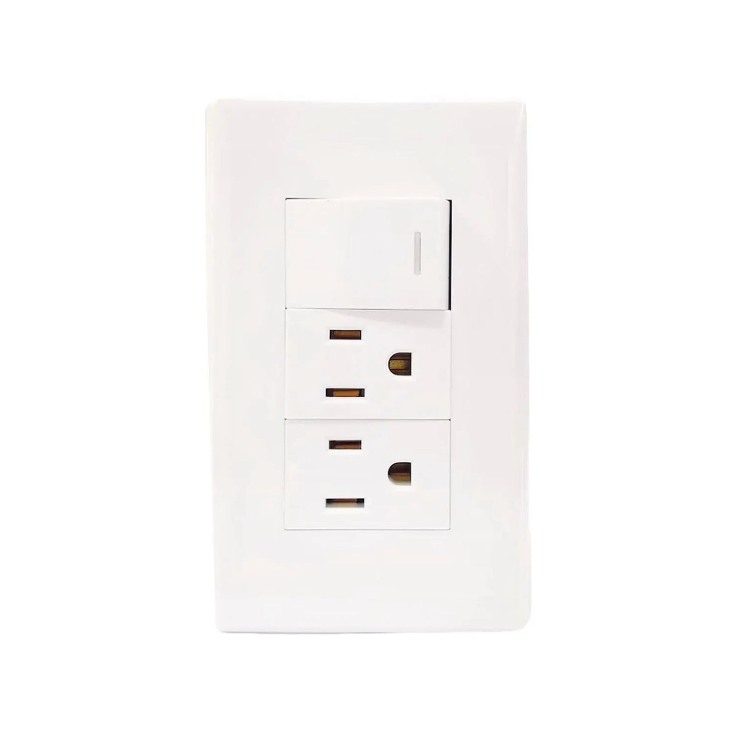 Placa de pared blanca con 1 apagador y 2 contactos eléctricos dúplex
