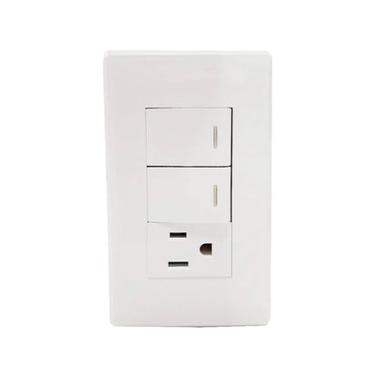 Placa eléctrica blanca con dos apagadores de luz y un contacto polarizado.
