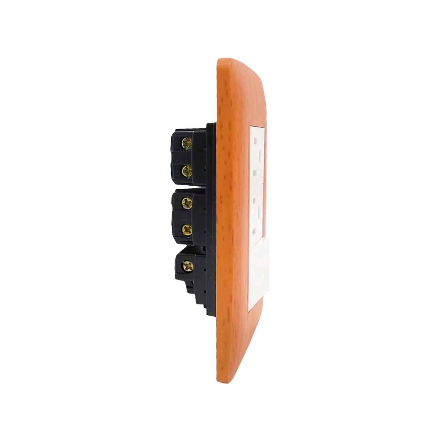Placa de pared eléctrica con acabado madera toscana, incluye 1 apagador y 2 contactos polarizados blancos para instalación.