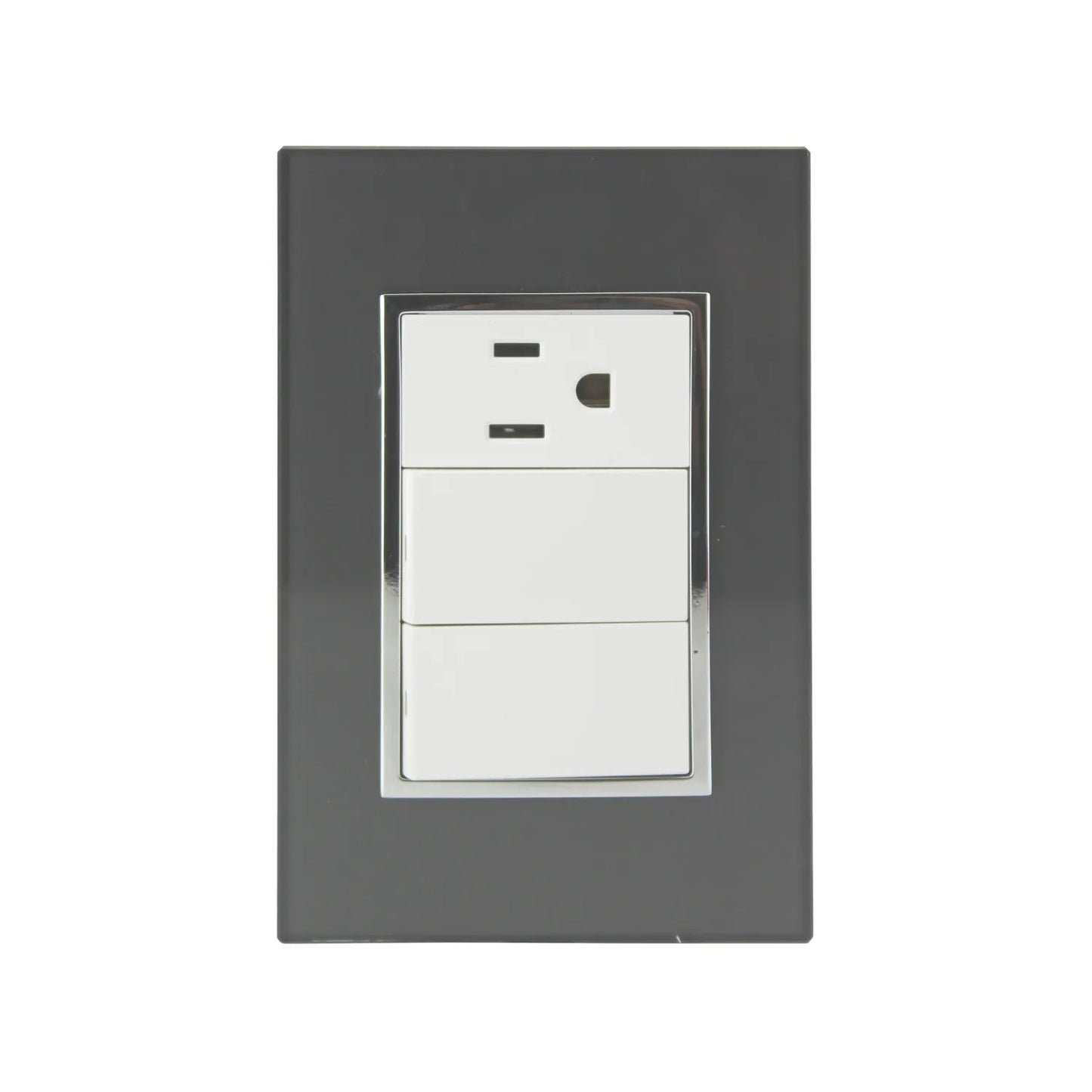 Placa de pared negra con 2 interruptores de luz y 1 tomacorriente eléctricos blancos