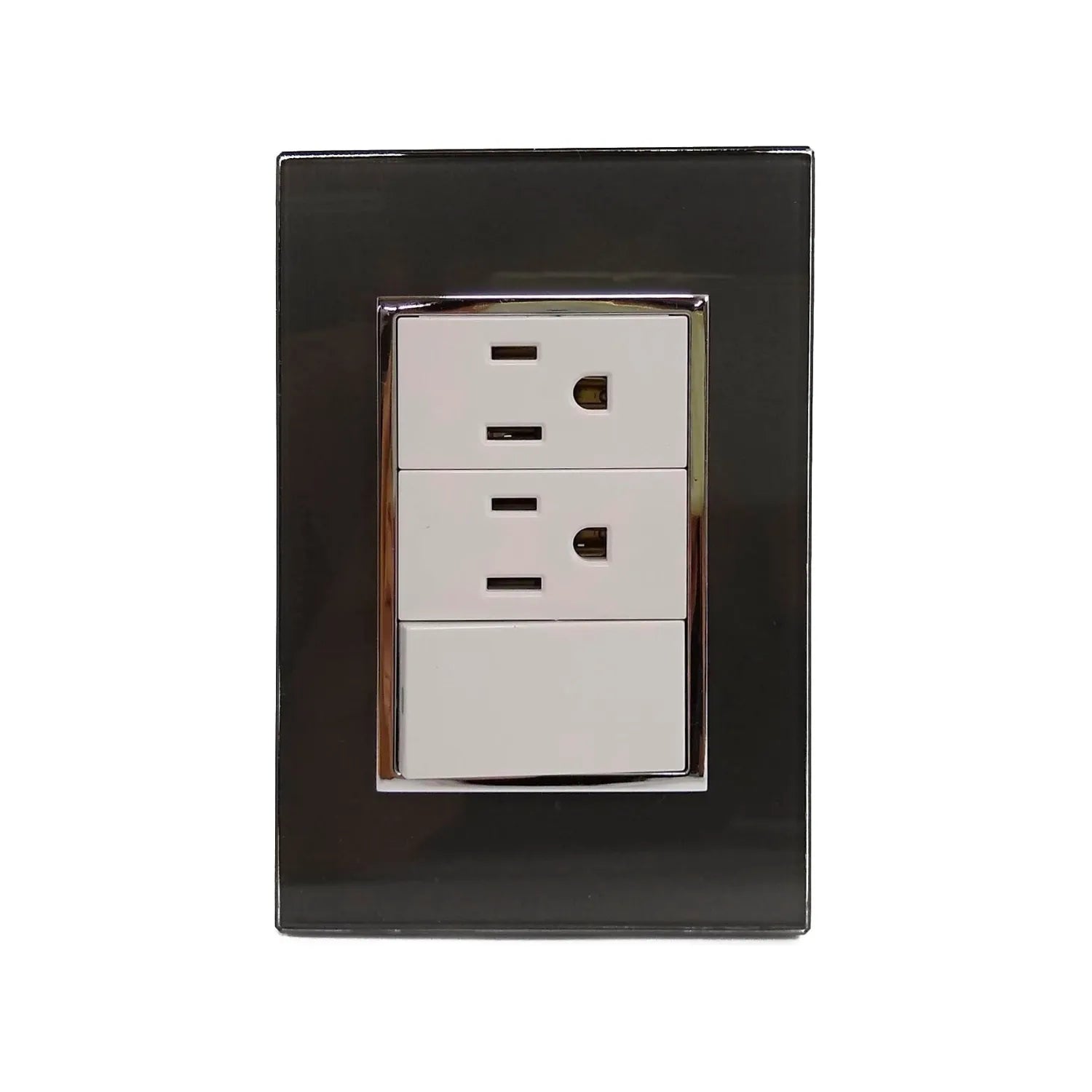 Placa eléctrica negra brillante con 2 contactos y 1 apagador, diseño moderno. Componentes blancos y marco cromado.