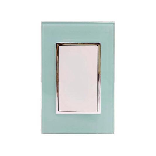 Placa de cristal azul aqua para 1 apagador de luz, con botón blanco y marco cromado, diseño moderno.