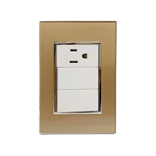 Placa dorada para pared con 2 apagadores de luz y 1 contacto eléctrico, diseño moderno y acabado brillante.