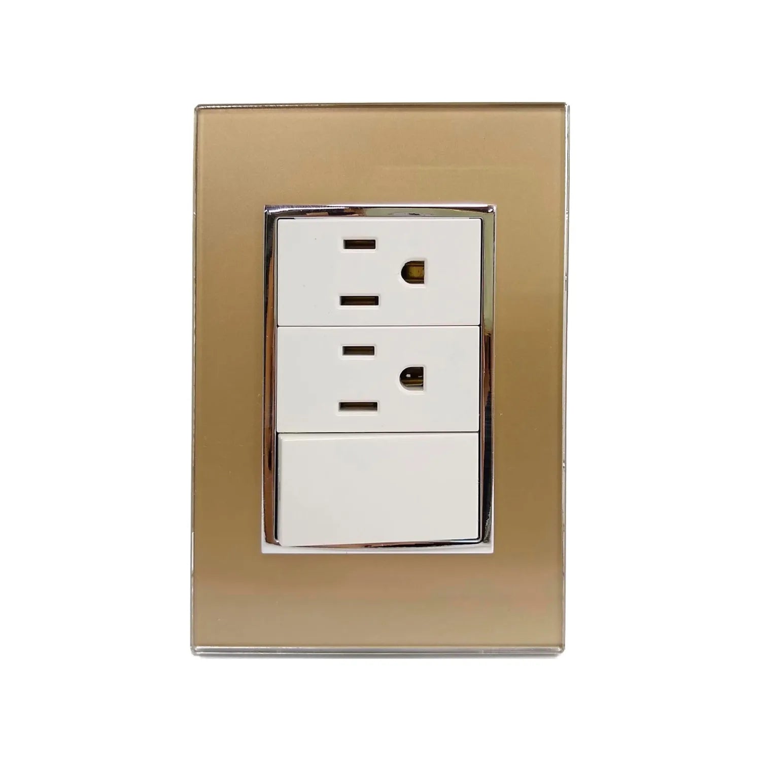 Placa eléctrica dorada brillante con 2 contactos y 1 apagador. Diseño moderno para pared.