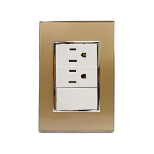 Placa eléctrica dorada brillante con 2 contactos y 1 apagador. Diseño moderno para pared.