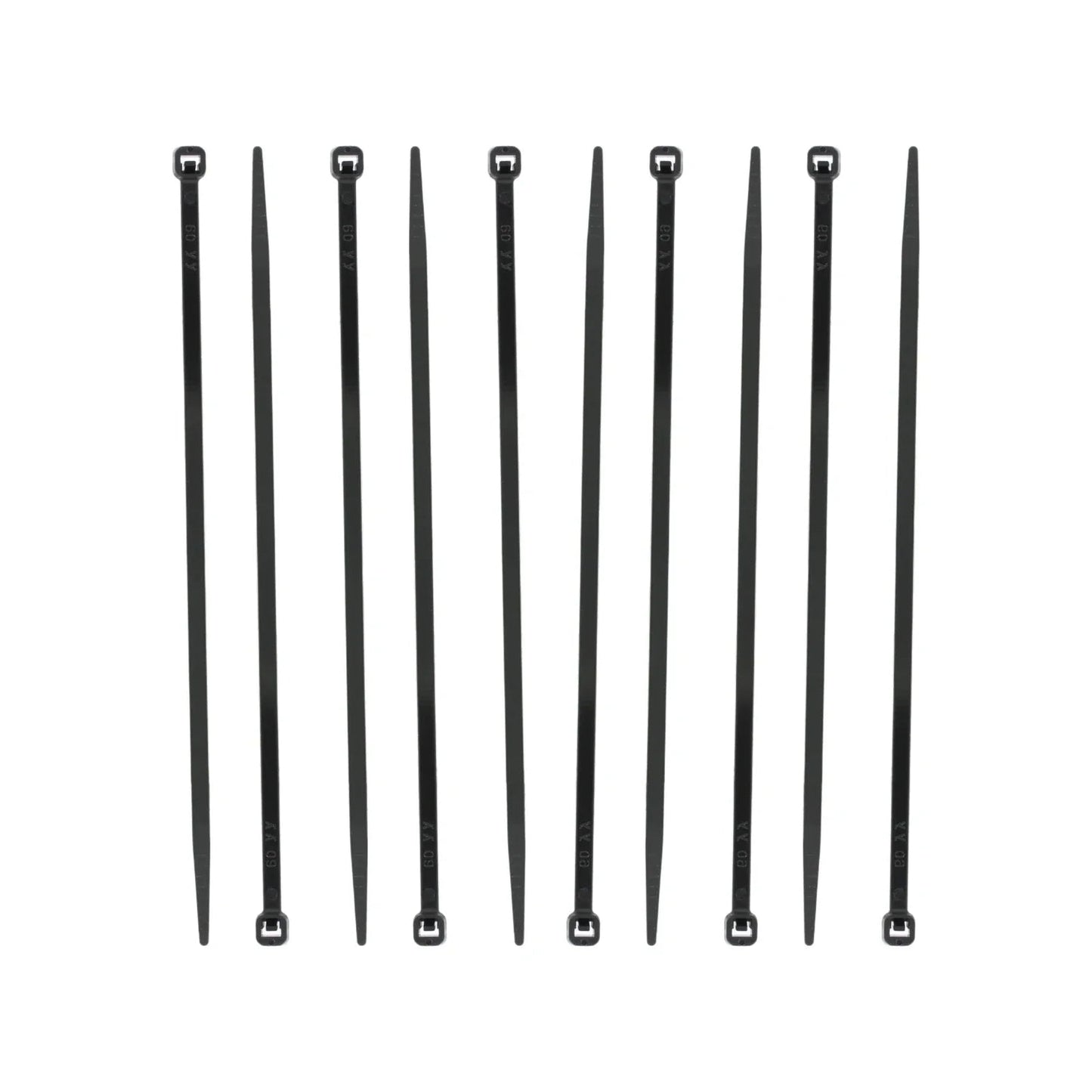 Diez cinchos de plástico negros para organización y sujeción de cables en ferretería.