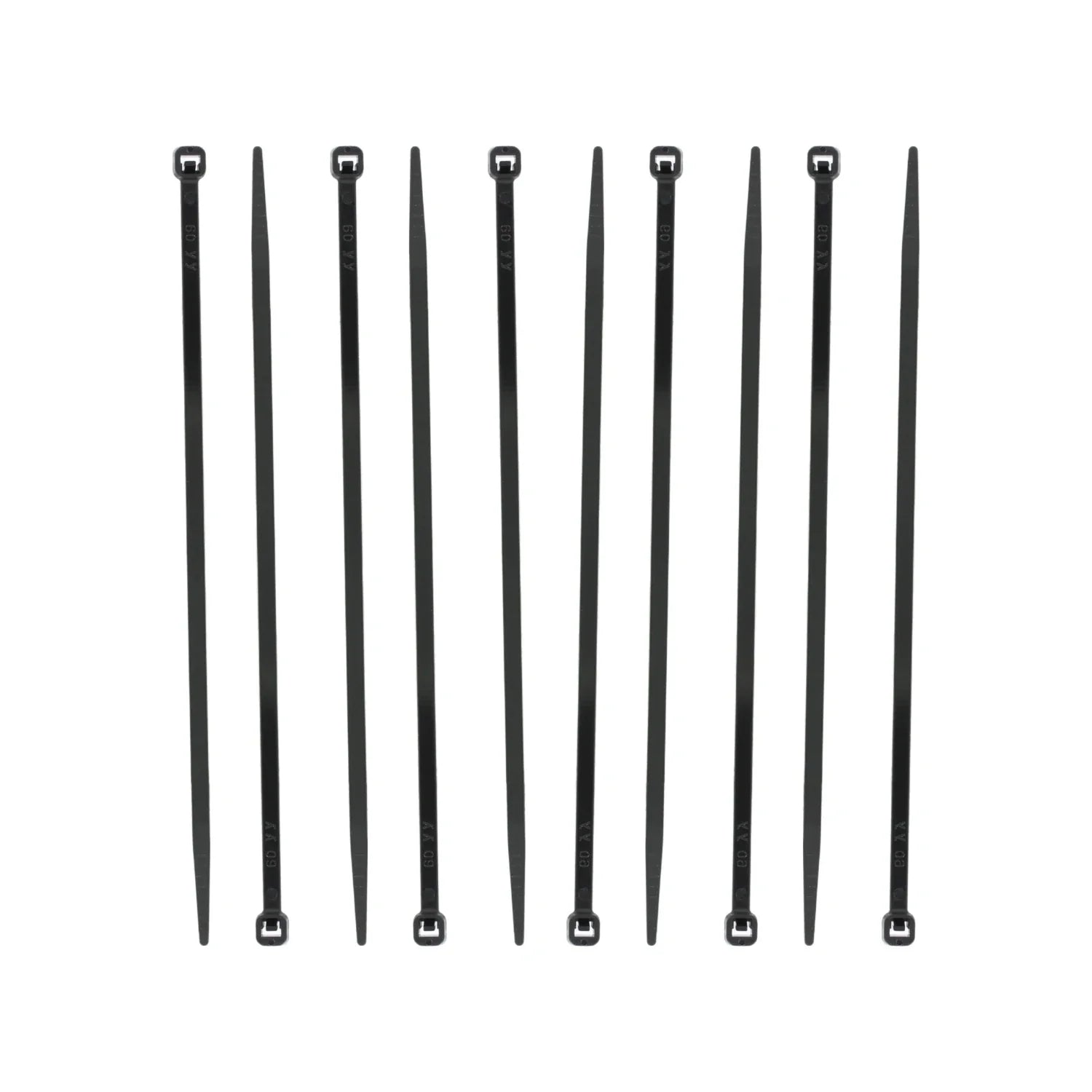 Diez cinchos de plástico negros para organización y sujeción de cables en ferretería.
