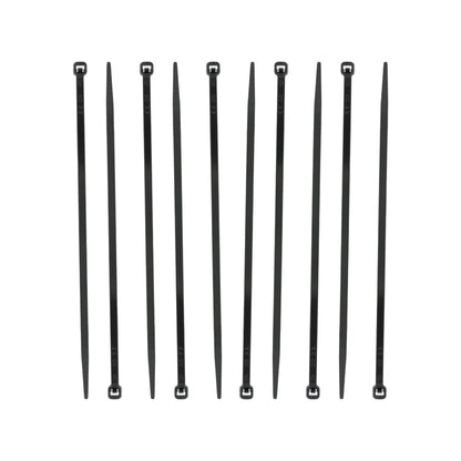 Diez cinchos de plástico negros para organización y sujeción de cables en ferretería.