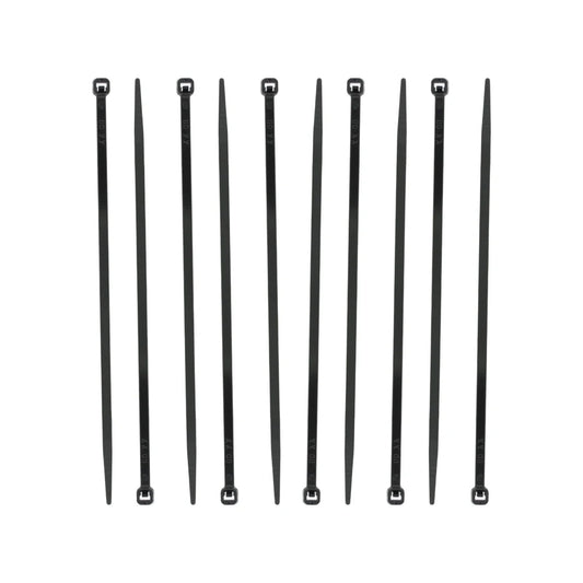 Diez cinchos de plástico negros para organización y sujeción de cables en ferretería.