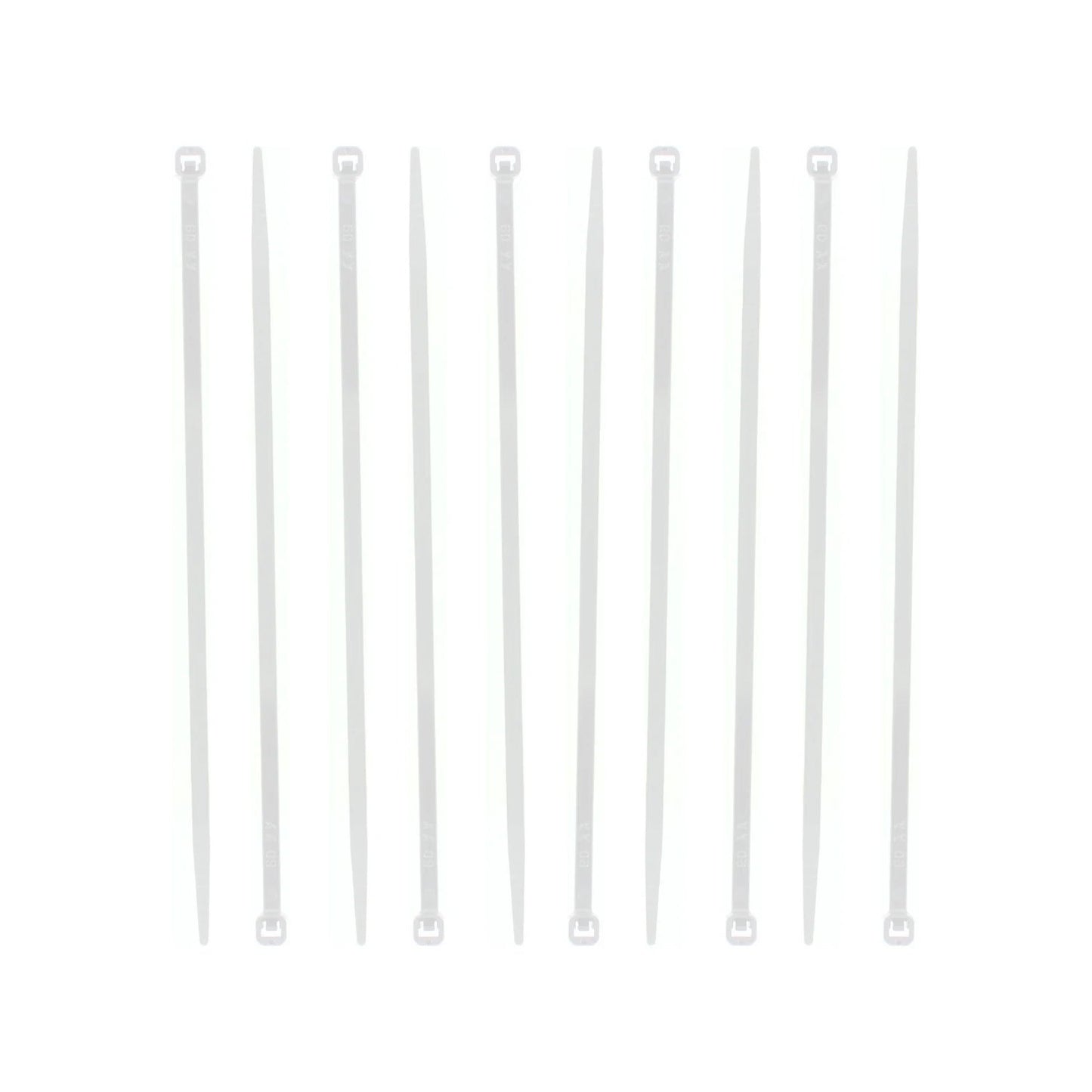 Diez cinchos blancos de plástico, ideales para organizar y fijar cables de manera segura.