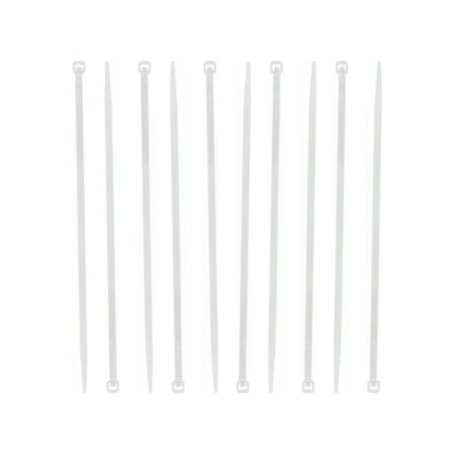 Diez cinchos blancos de plástico, ideales para organizar y fijar cables de manera segura.