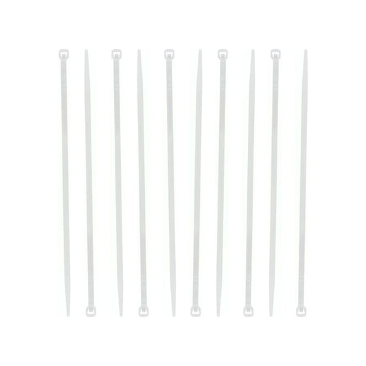 Diez cinchos blancos de plástico, ideales para organizar y fijar cables de manera segura.