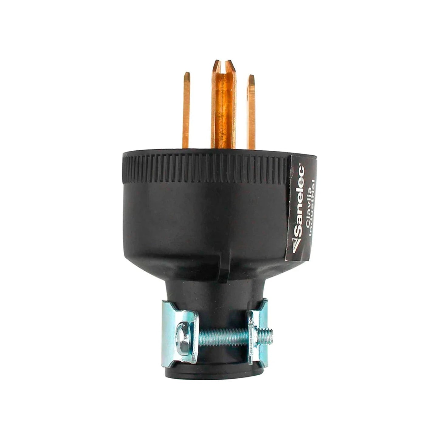 Clavija industrial aterrizada Sanelec negra con 3 puntas, ideal para conexiones eléctricas de alta demanda.