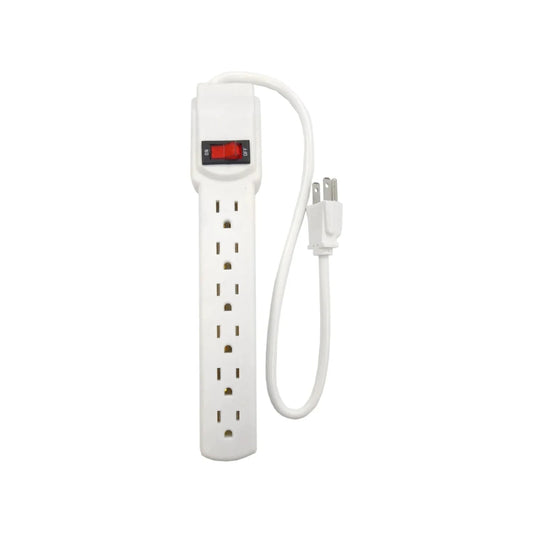 Multicontacto blanco con 6 tomas de corriente, interruptor de encendido/apagado y clavija polarizada de 3 patas.