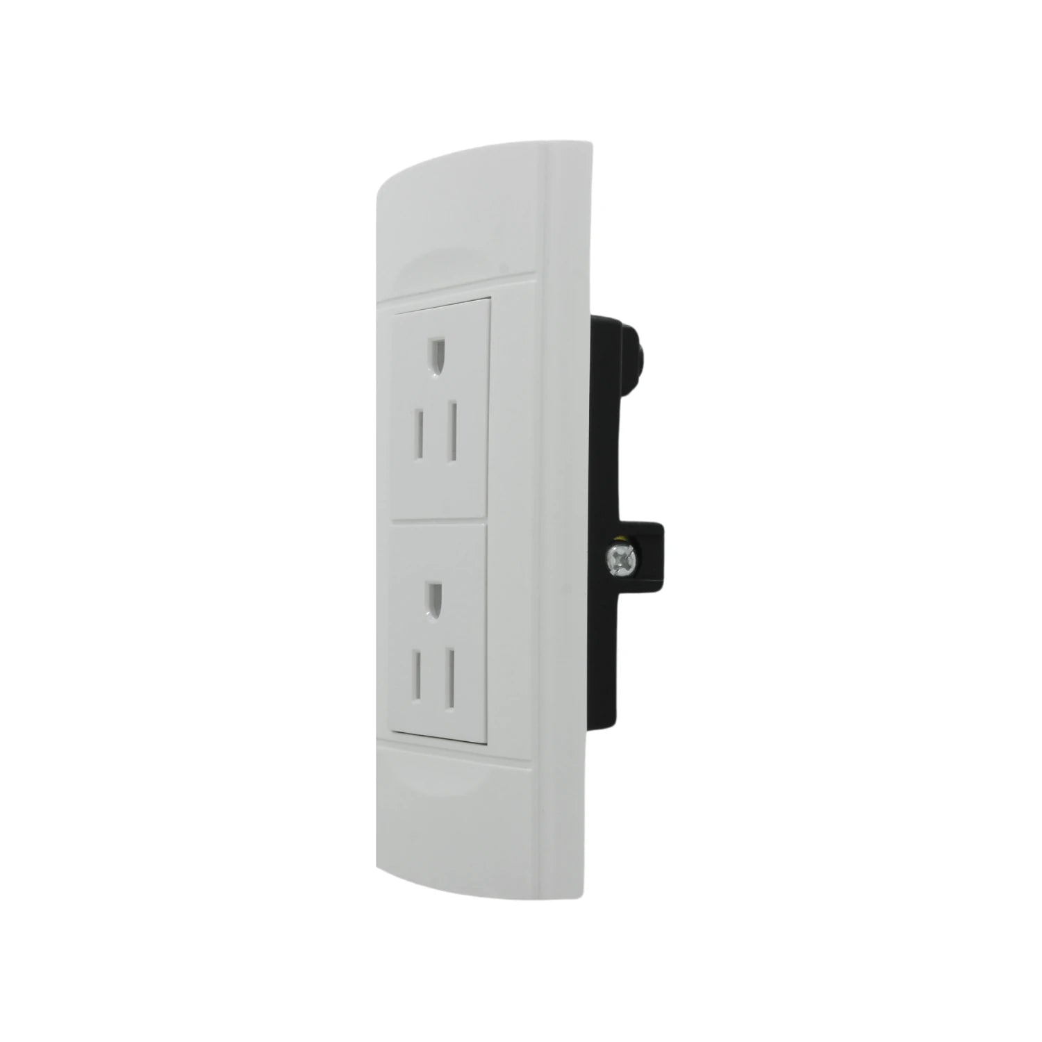 Tomacorriente dúplex blanco para pared, con dos receptáculos eléctricos, vista lateral mostrando componentes.