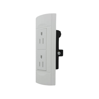 Tomacorriente dúplex blanco para pared, con dos receptáculos eléctricos, vista lateral mostrando componentes.