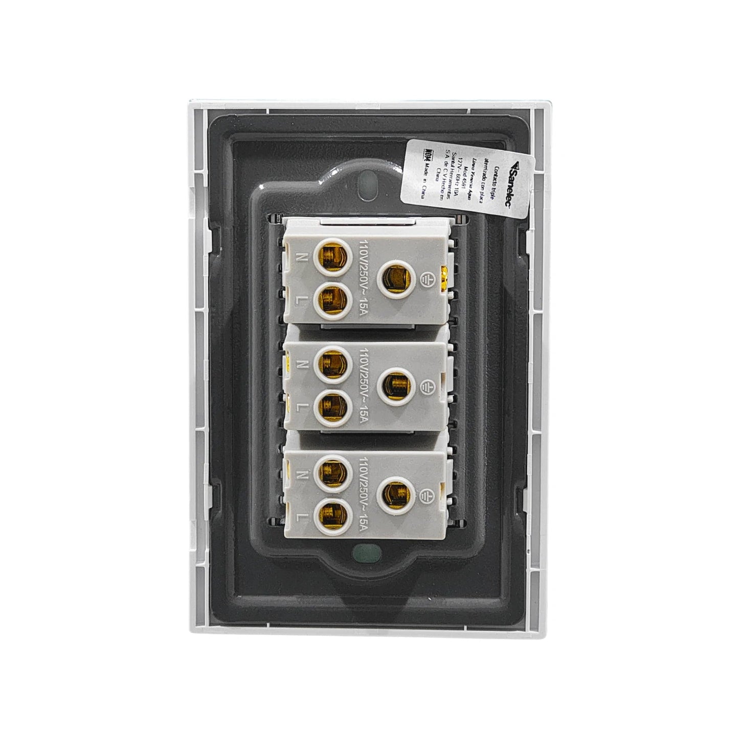 Placa de 3 contactos eléctricos Sanelec, 110V/250V 15A, vista posterior con terminales N y L.